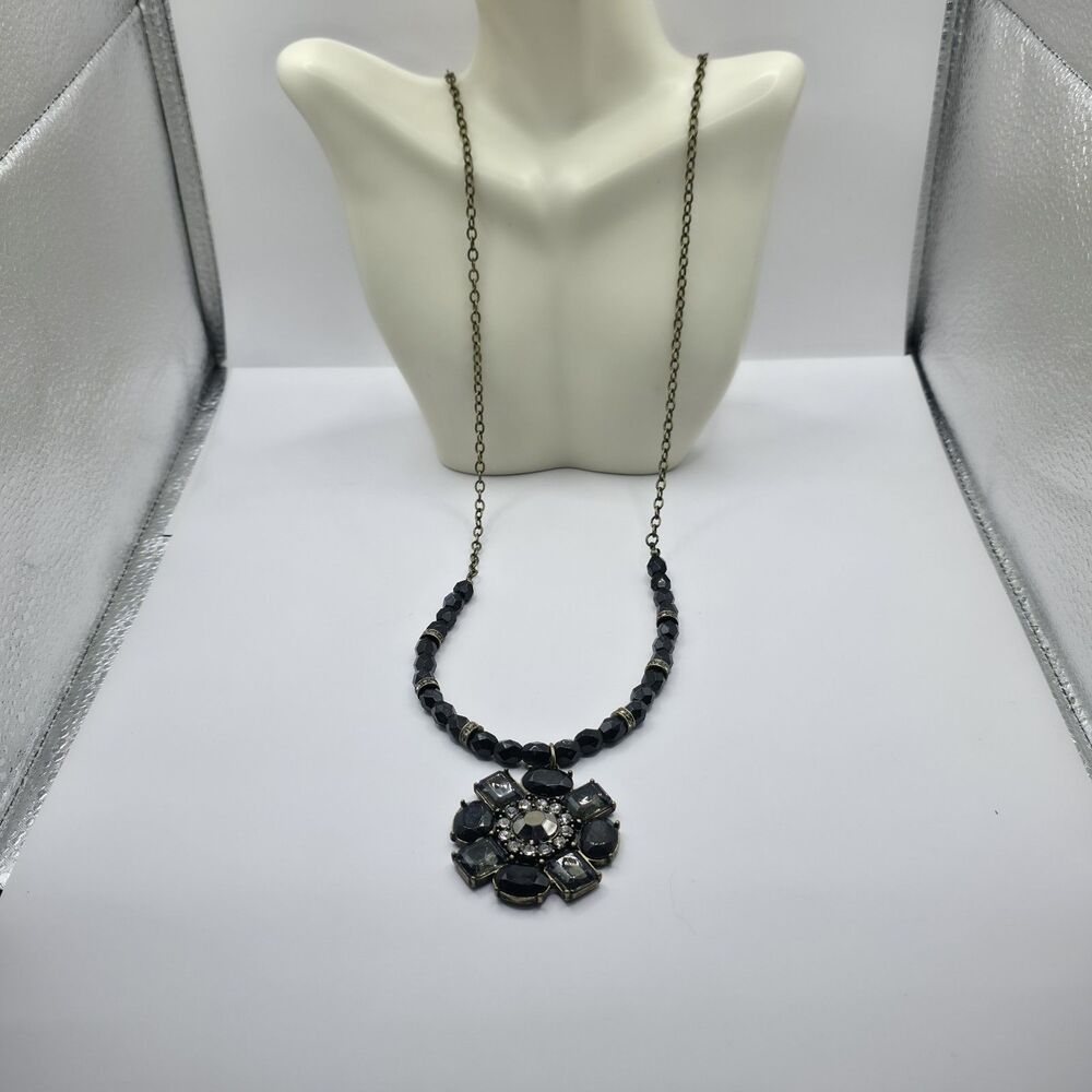 Avon SHA Necklace Jet Black Beaded Rhinestone Floral Dark Silvertone 32" +2"